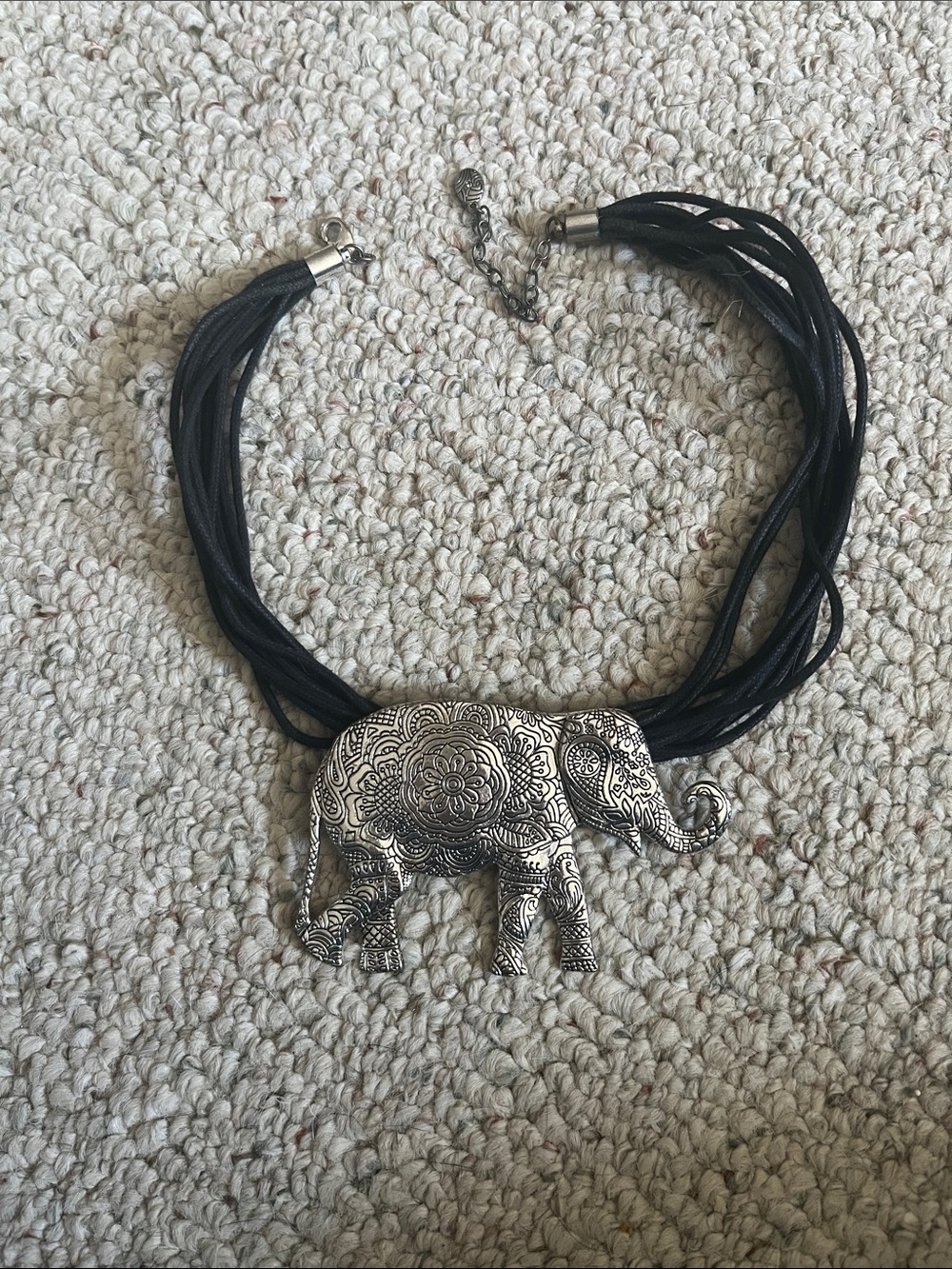 Silver Elephant Pendant Black Multi-Strand Necklace